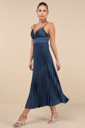 Fabulous Perfection Navy Blue Satin Pleated Midi Dress