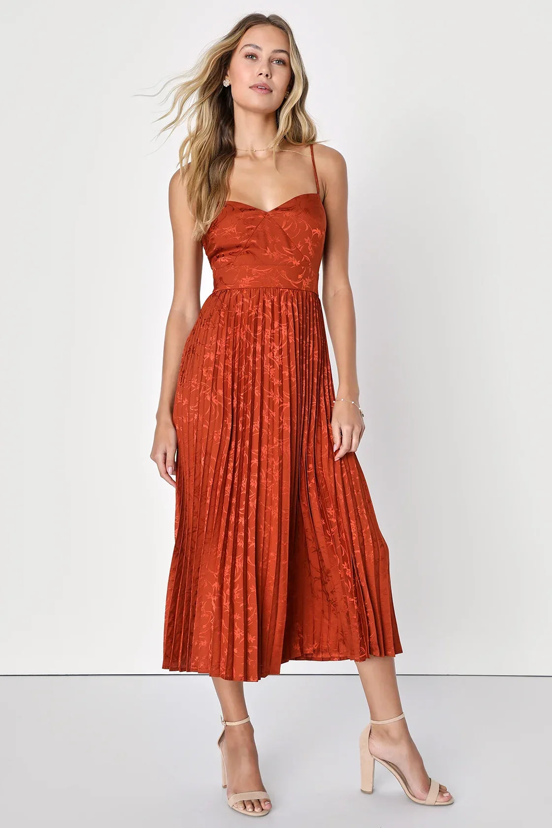 Regal Romance Black Floral Jacquard Pleated Satin Midi Dress