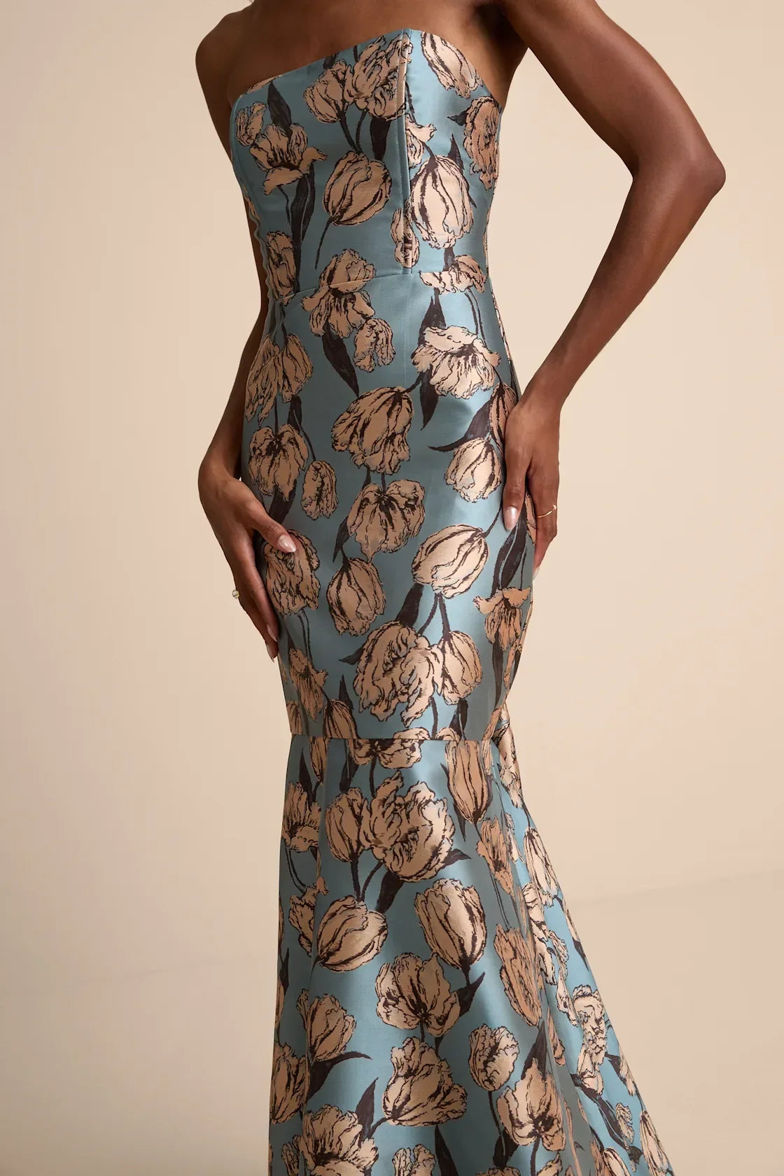 Gowning Around Mauve Floral Jacquard Strapless Maxi Dress