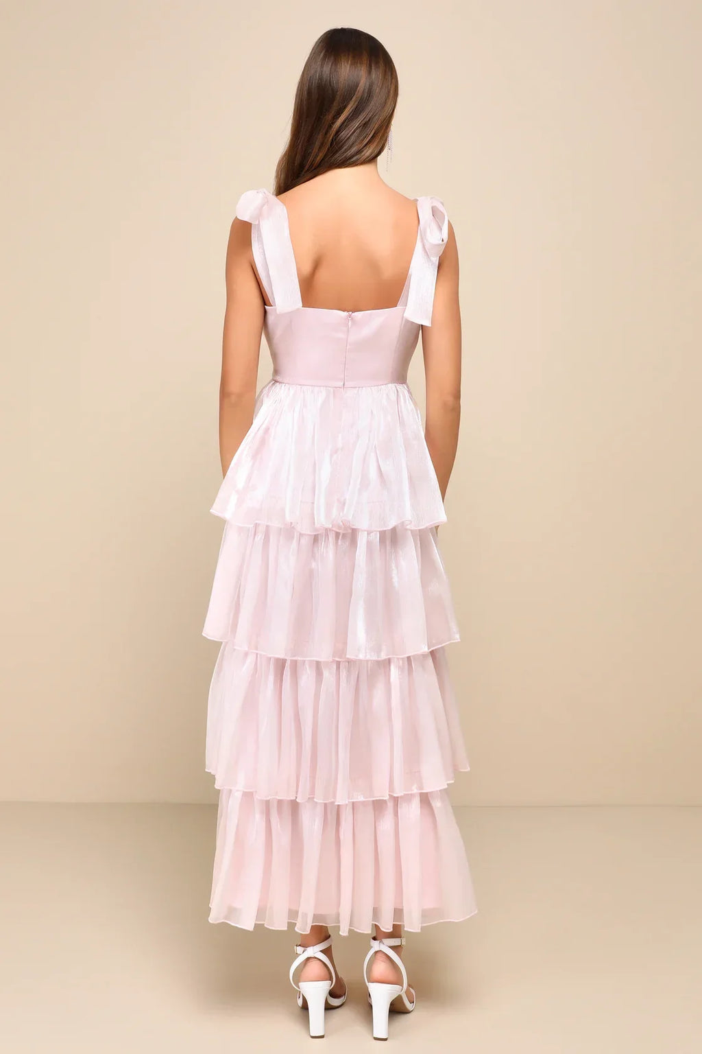 Radiant Arrival Shiny Pink Organza Tiered Tie-Strap Maxi Dress