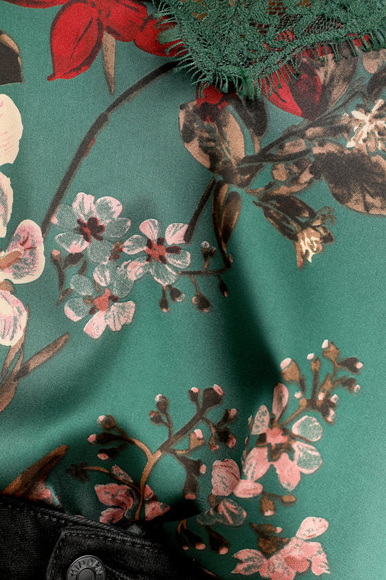 Blossoming Bliss Green Floral Print Satin Lace Cami Top