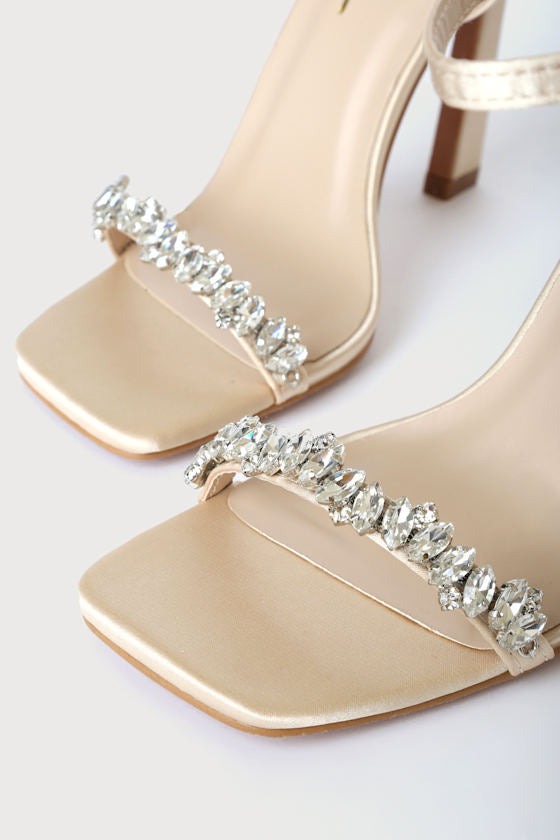 Goldiena Champagne Satin Rhinestone Ankle Strap Heels