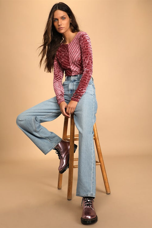 Save the Date Dusty Pink Velvet Striped Long Sleeve Bodysuit