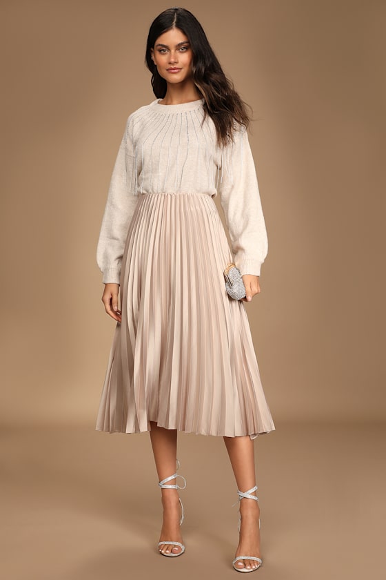 Pleat and Greet Champagne Pleated Satin Midi Skirt