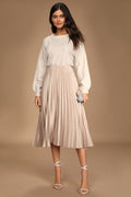 Pleat and Greet Champagne Pleated Satin Midi Skirt
