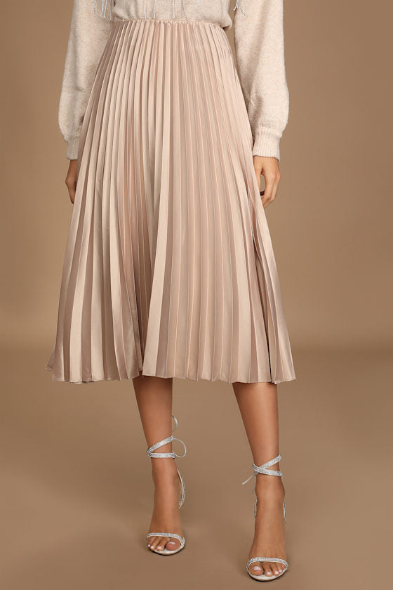 Pleat and Greet Champagne Pleated Satin Midi Skirt
