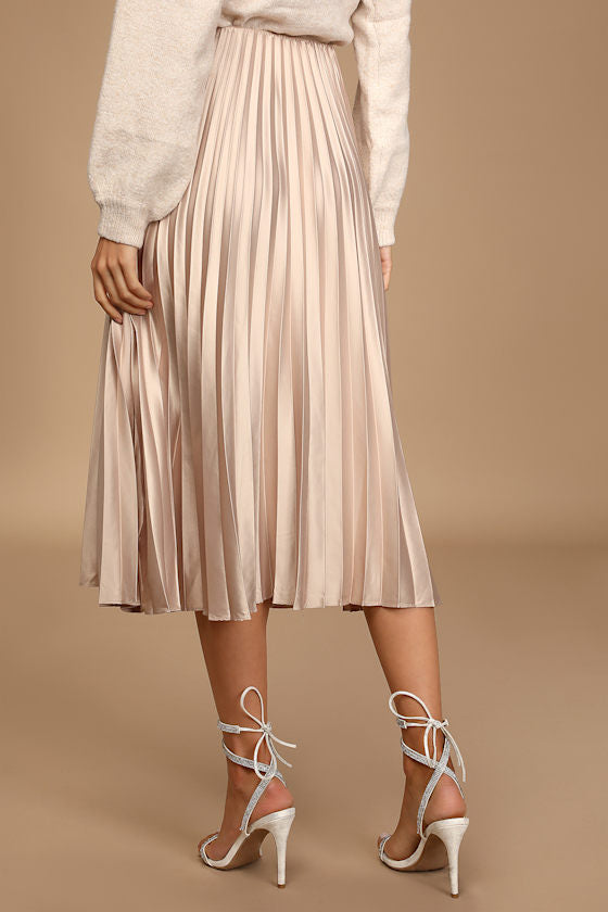 Pleat and Greet Champagne Pleated Satin Midi Skirt