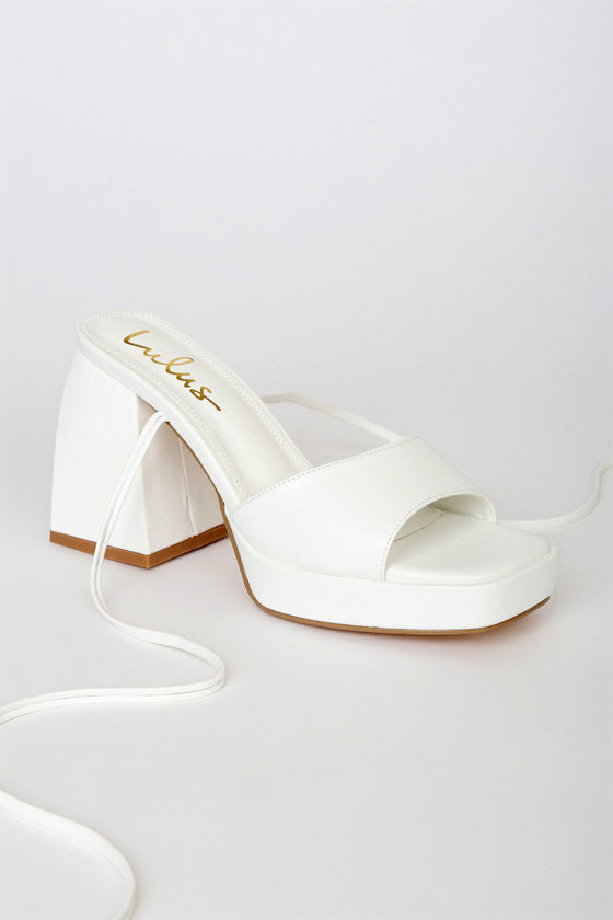 Fiyaa White Lace-Up Chunky High Heel Sandals