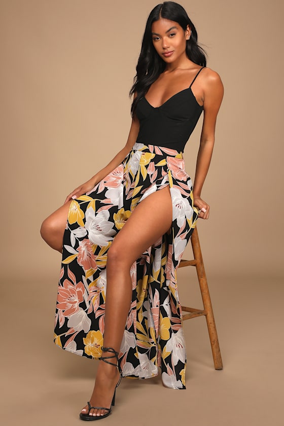 Blissful Vacay Black Floral Print Side Slit Pants