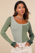 Mod Cutie Burgundy Color Block Ribbed Long Sleeve Bodysuit