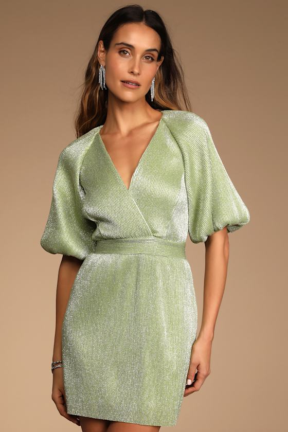 Ethereal Angel Light Green Glitter Puff Sleeve Mini Dress