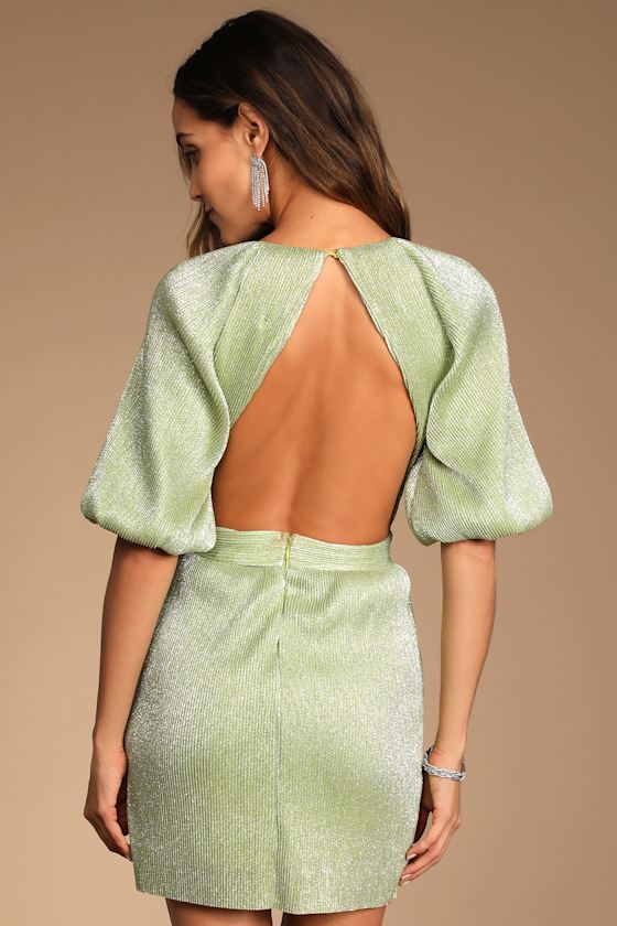Ethereal Angel Light Green Glitter Puff Sleeve Mini Dress