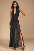 Destination Summer Black Crochet Halter Maxi Bodysuit Dress