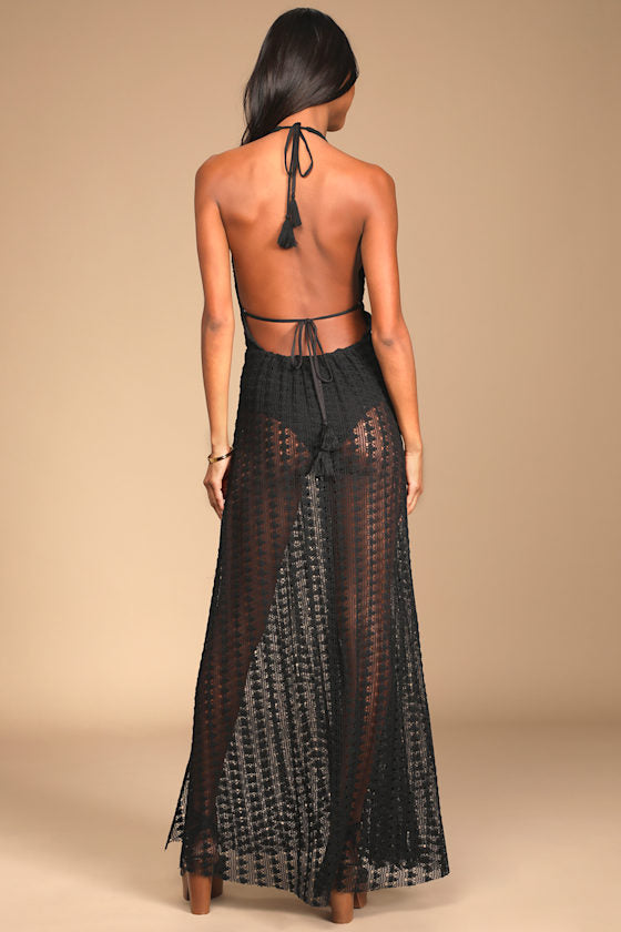 Destination Summer Black Crochet Halter Maxi Bodysuit Dress