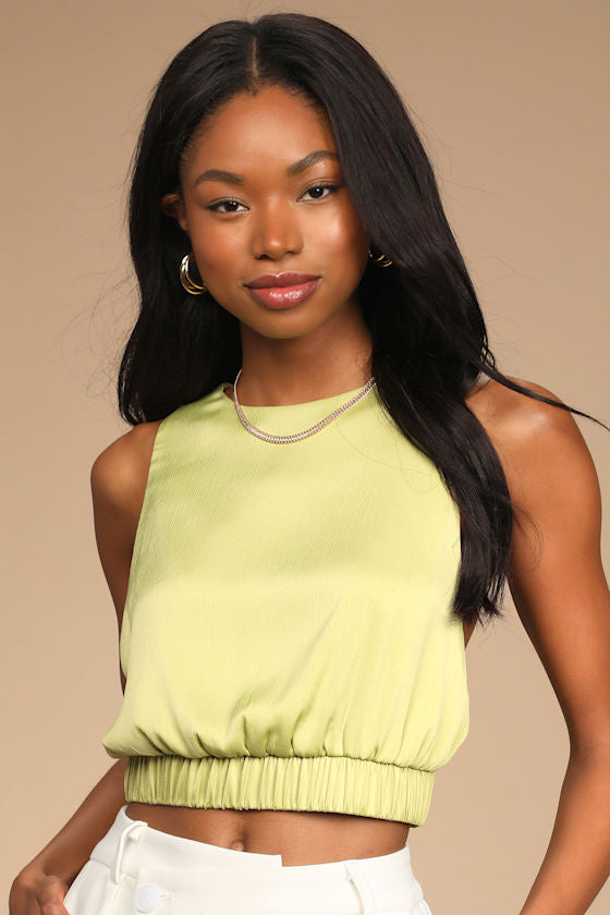 Sunny Day Chic Light Green Strappy Tie-Back Cropped Tank Top