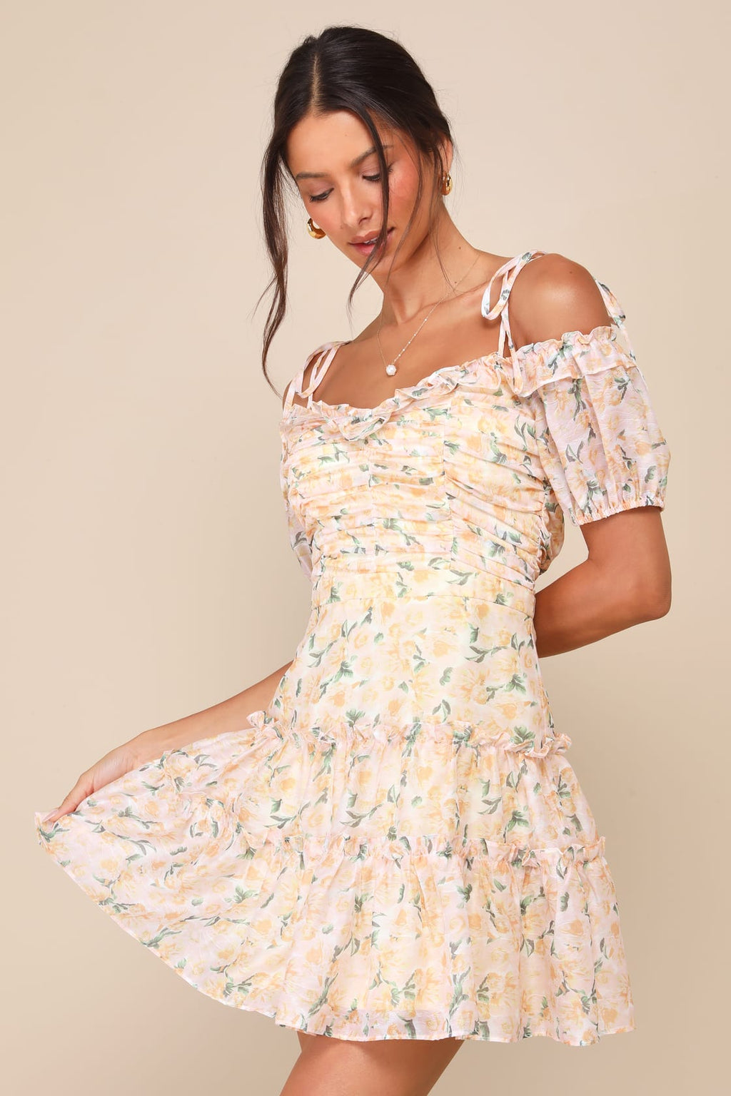 Memorably Cute Blush Pink Floral Off-the-Shoulder Mini Dres