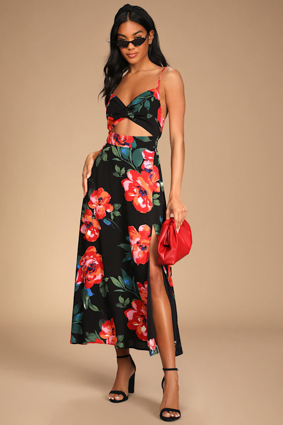 Tropical Blooms Black Floral Print Tie-Back Cutout Dress