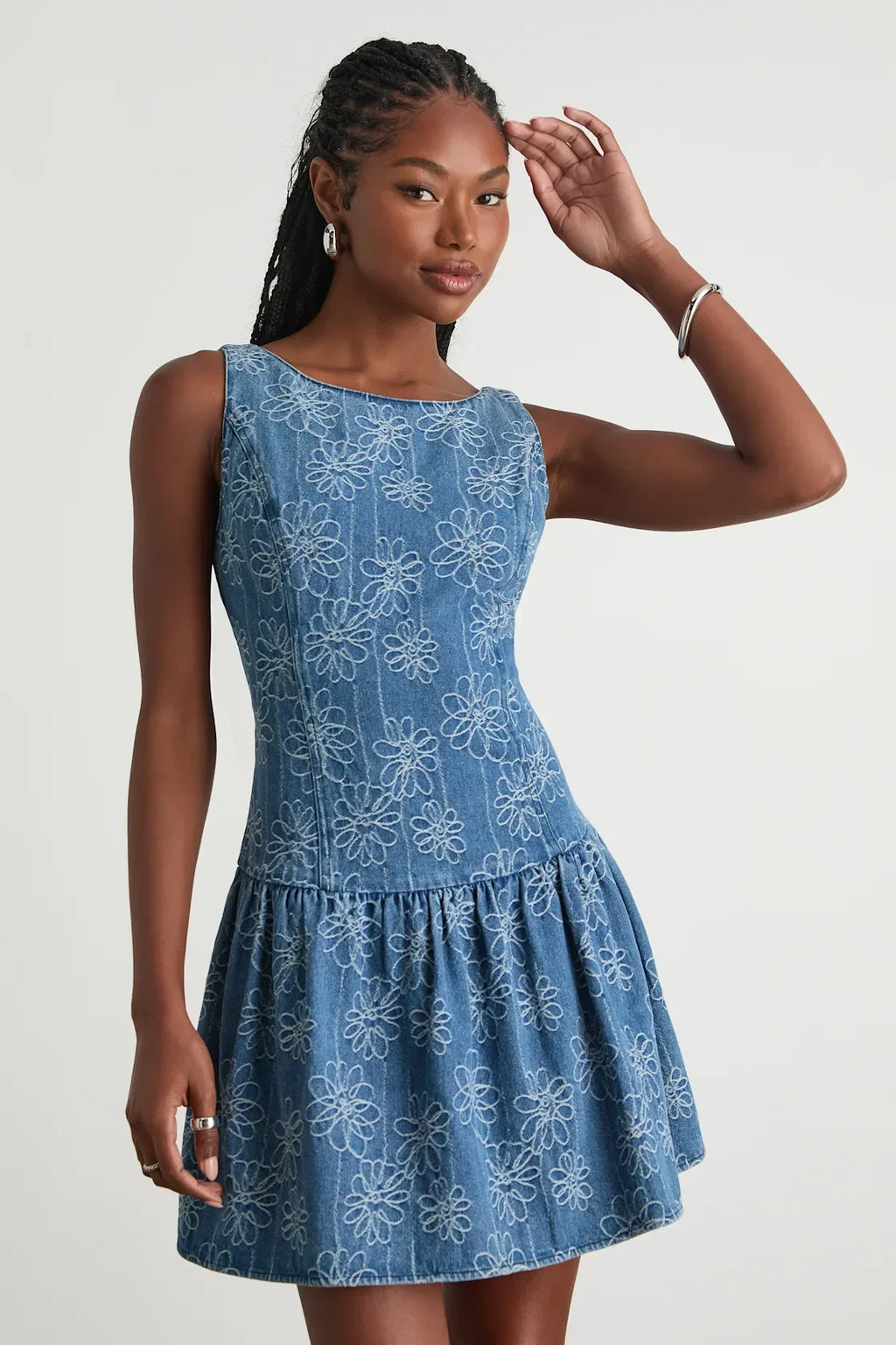 Kodi Medium Wash Floral Denim Drop Waist Mini Dress
