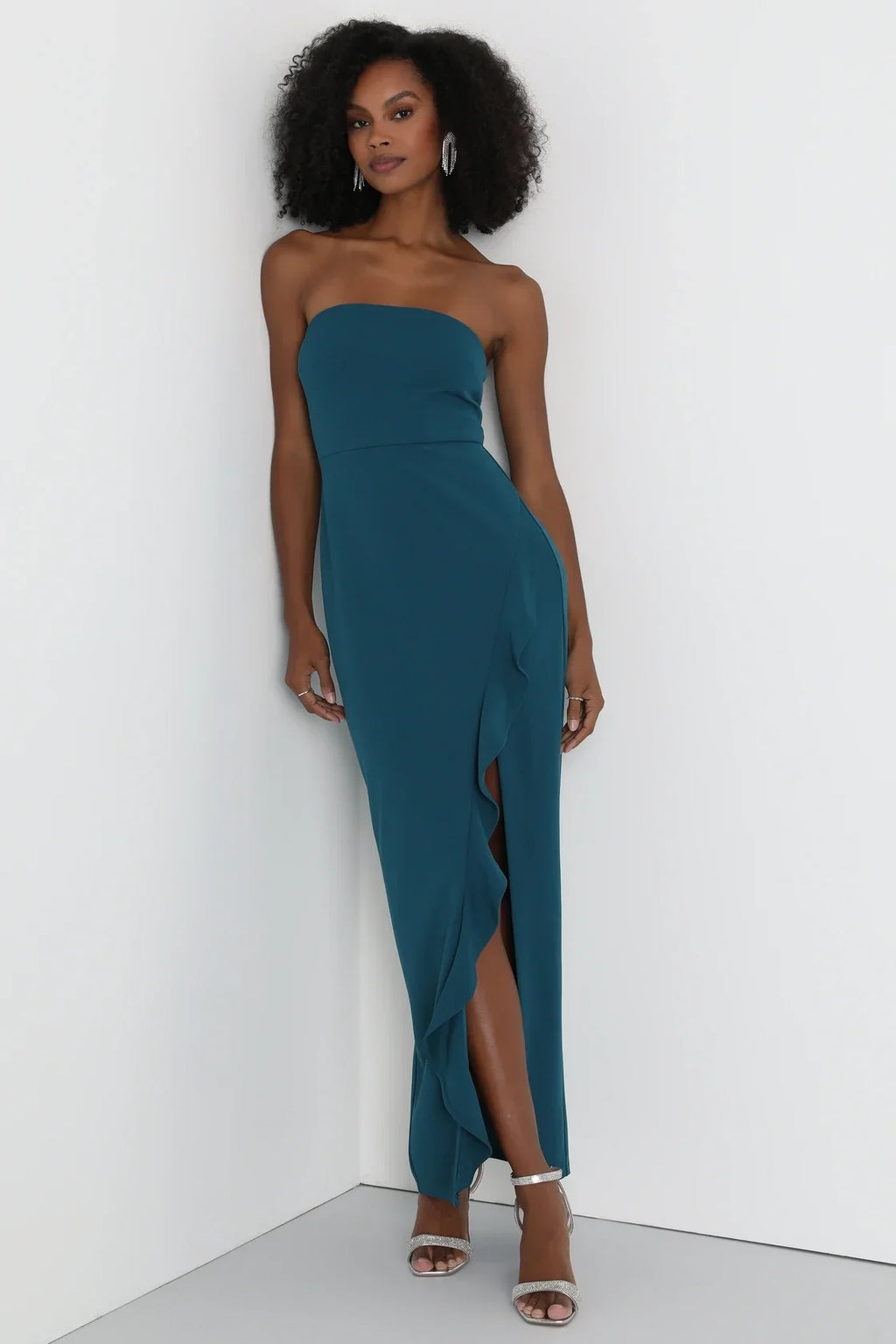 After Hours Black Strapless Ruffled Maxi Dress