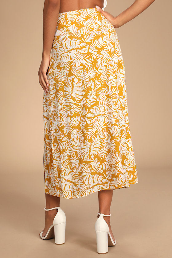 Ocean Breezes Mustard Yellow Tropical Print Faux-Wrap Midi Skirt