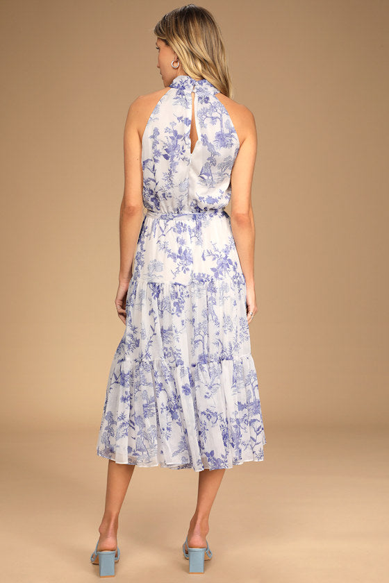 Float to You White Floral Print Halter Tiered Midi Dress