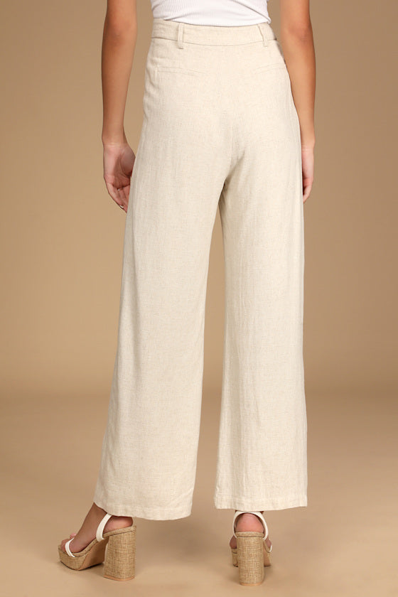 Never Miss Beige High-Waisted Wide-Leg Pleated Trouser Pants