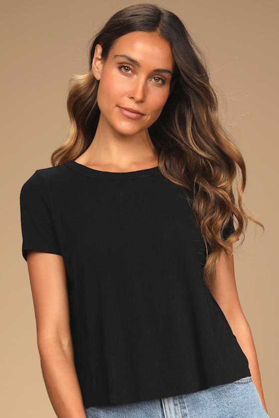 Boosted Basic Black Ribbed Cutout Short Sleeve Top
