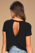 Boosted Basic Black Ribbed Cutout Short Sleeve Top