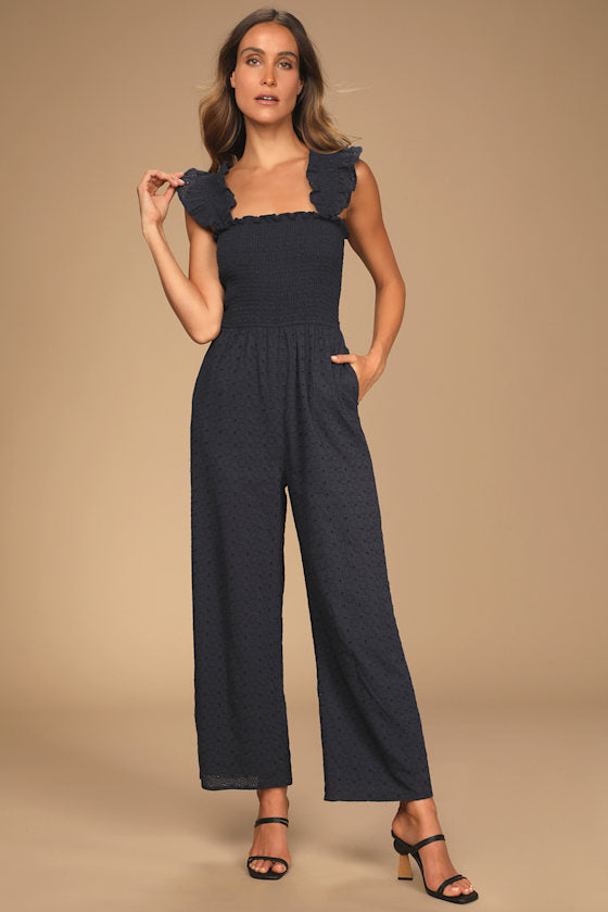 Easy Loving Navy Blue Eyelet Lace Wide-Leg Jumpsuit