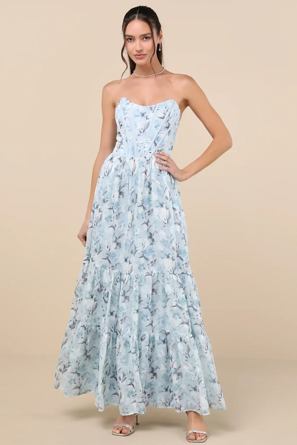 Special Moment Light Blue Floral Strapless Bustier Maxi Dress