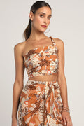 Something Wild Brown Multi Print Pleated One-Shoulder Crop Top