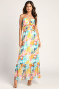 Stunning One Multi Abstract Print Drawstring Halter Maxi Dress