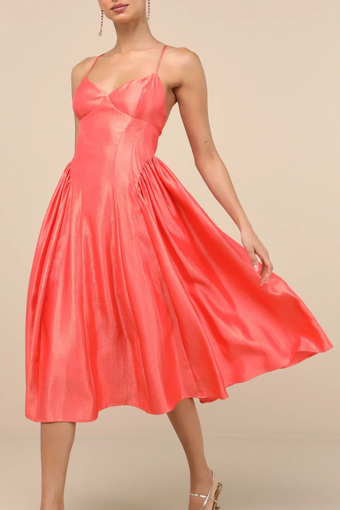 Paride Shiny Coral Gathered Lace-Up Midi Dress