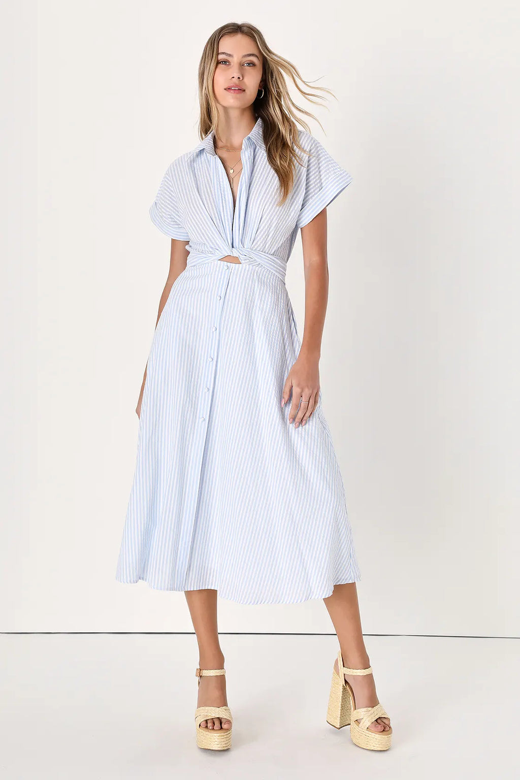 Adorable Impression Beige and White Midi Dress With Pockets