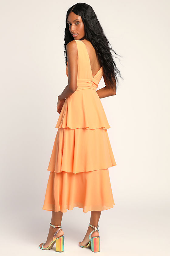 Celebration Time Light Orange Sleeveless Tiered Midi Dress