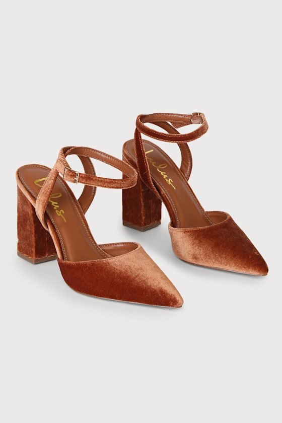 Viki Copper Velvet Pointed-Toe Ankle Strap Pumps