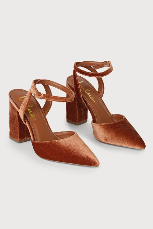Viki Copper Velvet Pointed-Toe Ankle Strap Pumps
