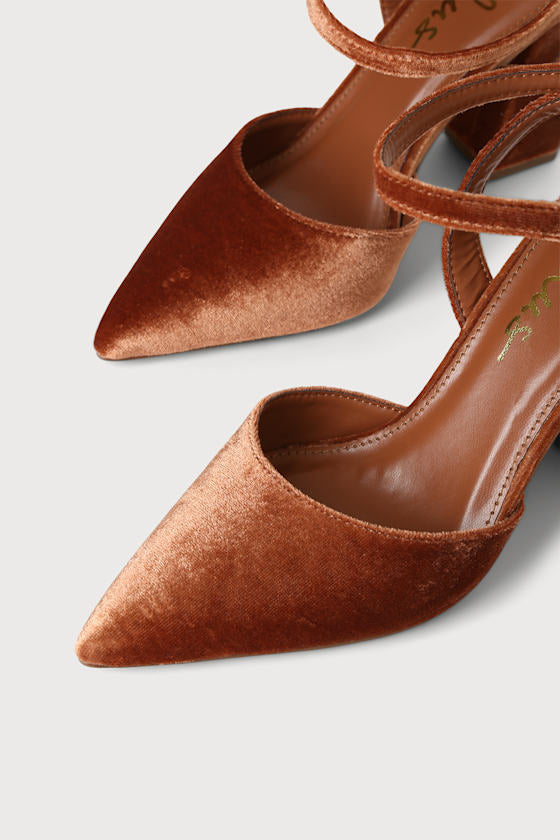 Viki Copper Velvet Pointed-Toe Ankle Strap Pumps
