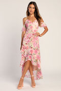 Watch Me Grow Pink Floral Print Cold-Shoulder High-Low Dress