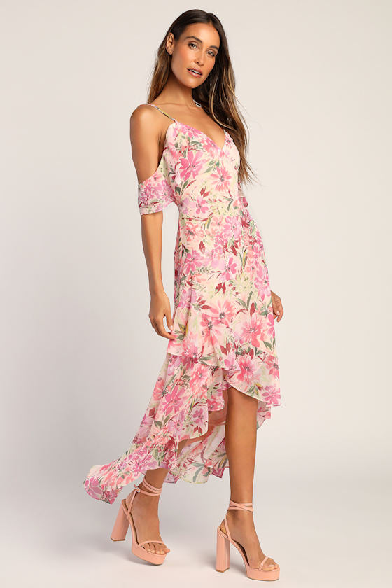 Watch Me Grow Pink Floral Print Cold-Shoulder High-Low Dress