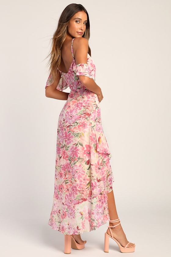 Watch Me Grow Pink Floral Print Cold-Shoulder High-Low Dress