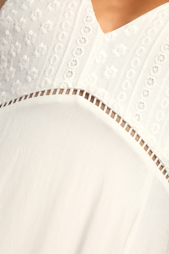 Endlessly Enticing White Embroidered Babydoll Mini Dress