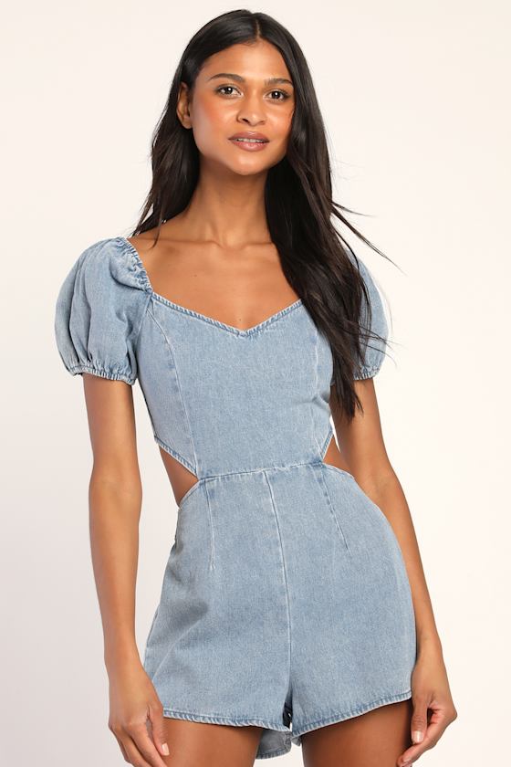 Blushing Beauty Light Wash Denim Puff Sleeve Romper