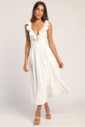 Sicilian Sun White Eyelet Embroidered Ruffled Lace-Up Midi Dress