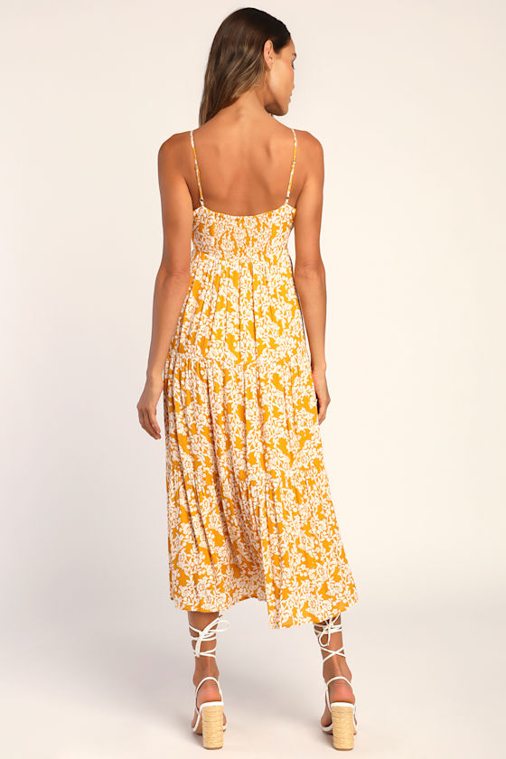 Catching Sunrays Mustard Yellow Floral Print Midi Dress