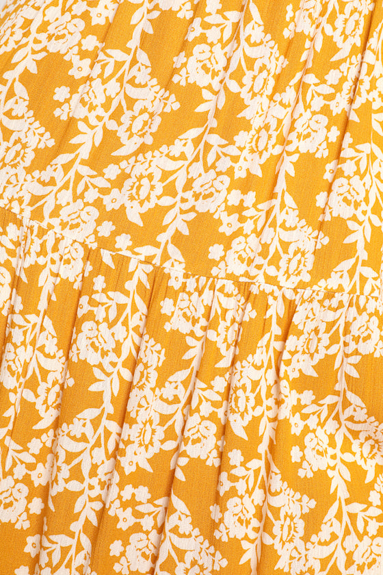 Catching Sunrays Mustard Yellow Floral Print Midi Dress