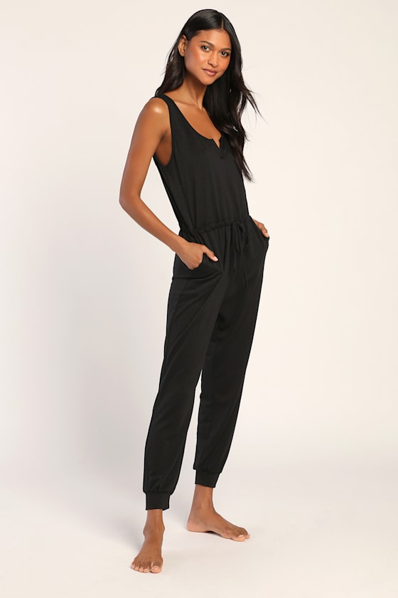 Easy as Can Be Black Sleeveless Drawstring Lounge Jumpsuit
