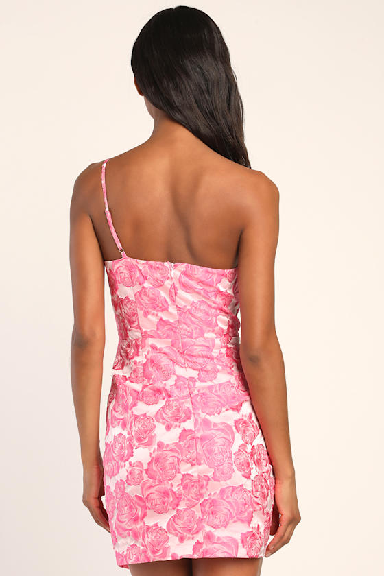 Flowery Fete Pink Floral Jacquard One-Shoulder Mini Dress
