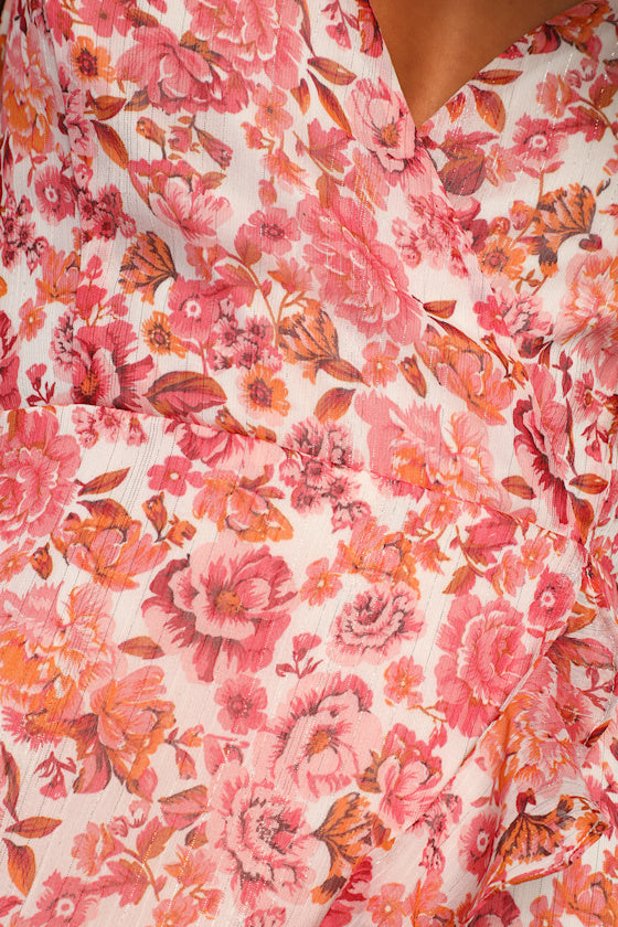 Always Enchanting Pink Floral Metallic Ruffled High-Low Dress