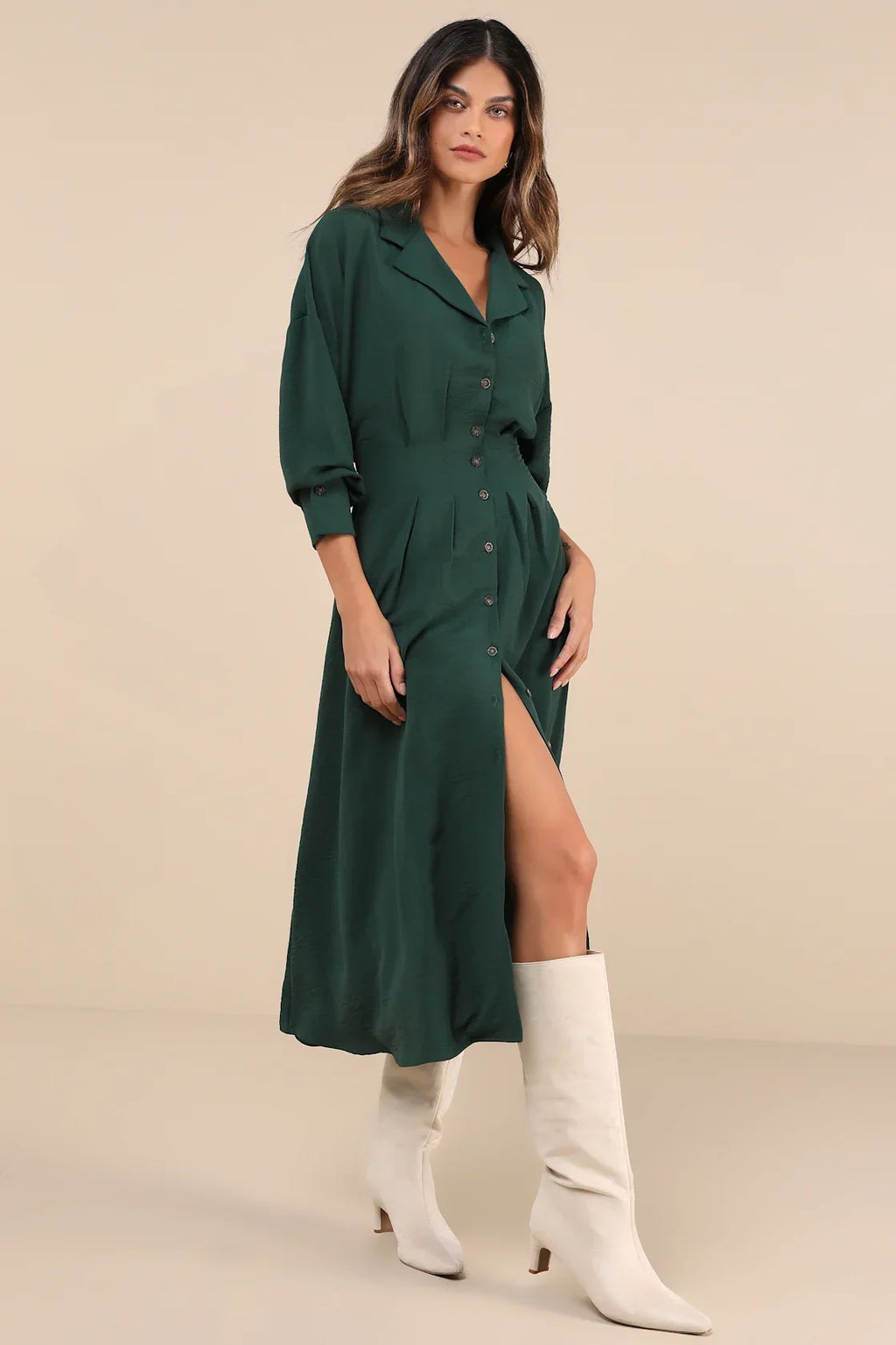 Timeless Class Rust Collared Button-Up Pleated Midi Dress